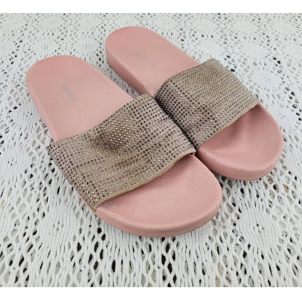 Express Pink Faux Diamond Studded Slides Sandals Flip Flops Women's 7.5 or 8
